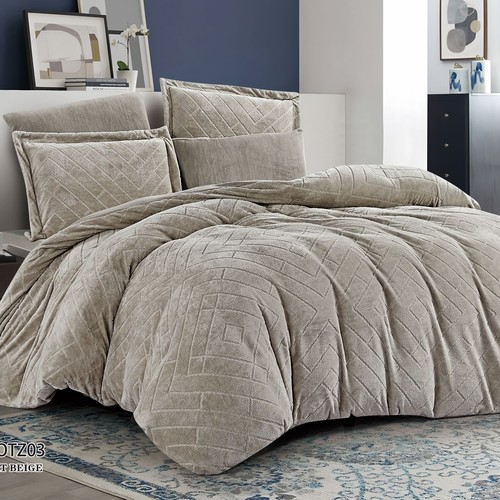 WINTER BROCADE FOR 2 PEOPLE 6PCS VELVET ON  BOTH SIDES SHEET 200×200 4 PILLOW FACE - LIGHT BEIGE - K-TOTZ03 LIGHT BEIGE