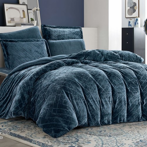 WINTER BROCADE FOR 2 PEOPLE 6PCS VELVET ON  BOTH SIDES SHEET 200×200 4 PILLOW FACE - BLUE - K-TOTZ05 BLUE