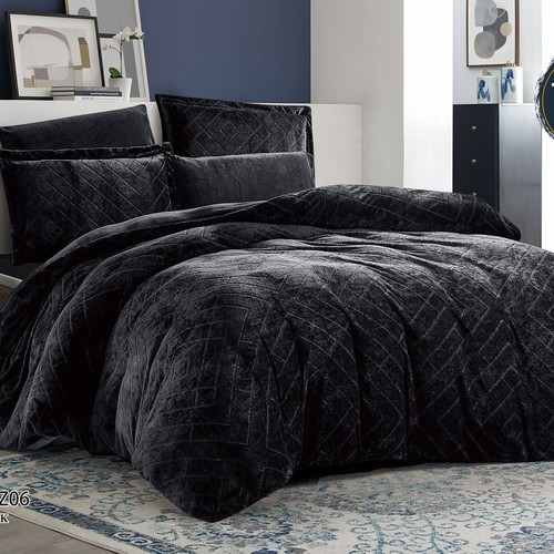 WINTER BROCADE FOR 2 PEOPLE 6PCS VELVET ON  BOTH SIDES SHEET 200×200 4 PILLOW FACE - BLACK - K-TOTZ06 BLACK