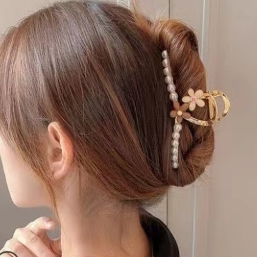 GOLDEN CLAW HAIR CLIP-TWO FLOWERS CROSSED GRIP DESIGN U252 - Metal hairclip - 11cm