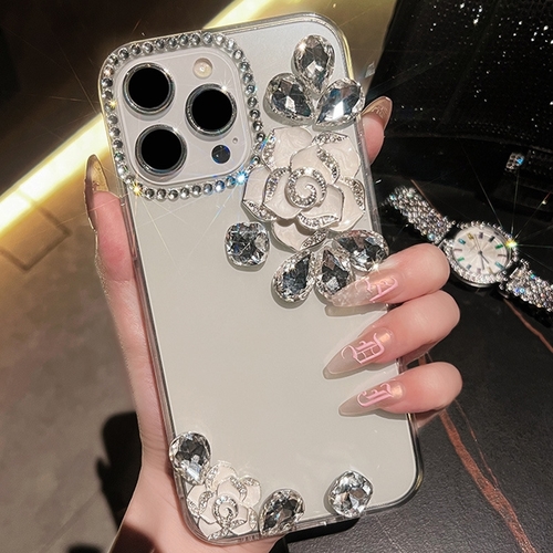 IPHONE CLEAR CASE WITH A WHITE FLORAL RHINESTONE DESIGN S656 - White camellia