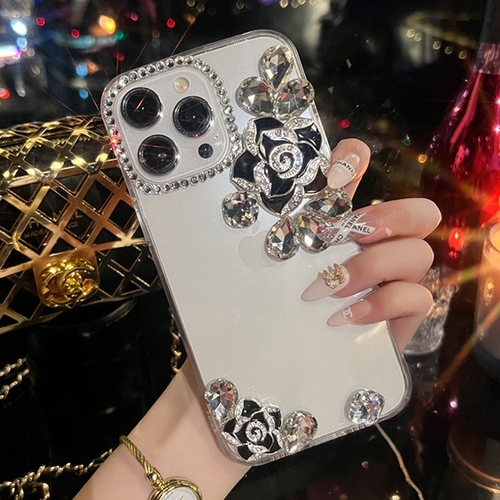 IPHONE CLEAR CASE WITH A BLACK FLORAL RHINESTONE DESIGN S656 - Black camellia