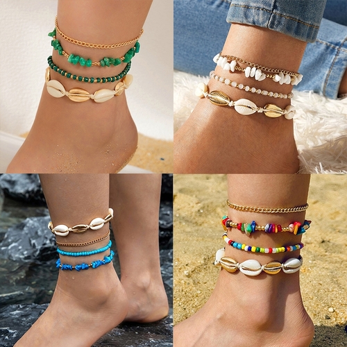 4-PIECE BOHEMIAN STYLE ANKLET / S680A - BEACH HAWAIIAN STYLE ANKLET