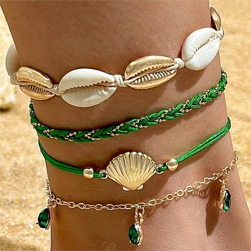 4-PIECE BOHEMIAN STYLE ANKLET GREEN SET / S680D - Hawaiin style anket bracelet