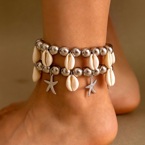 SET OF SILVER-TONED SHELL AND BEAD ANKLE BRACELET S680E - 2pcs/set