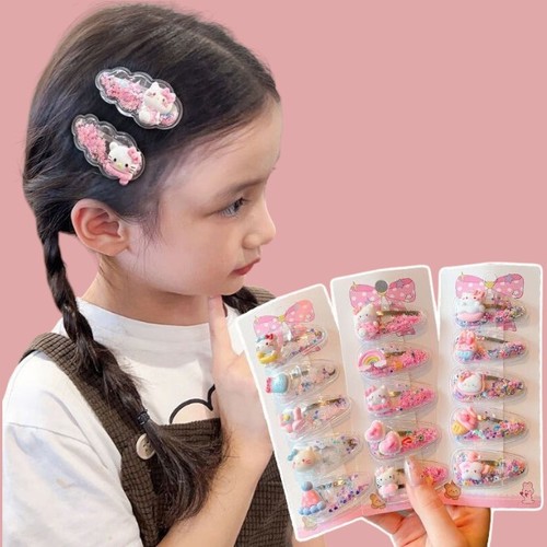 5-PIECE HAIR CLIP-HELLO KITTY U214 - Colorful quicksand clips 5IN1 PACK