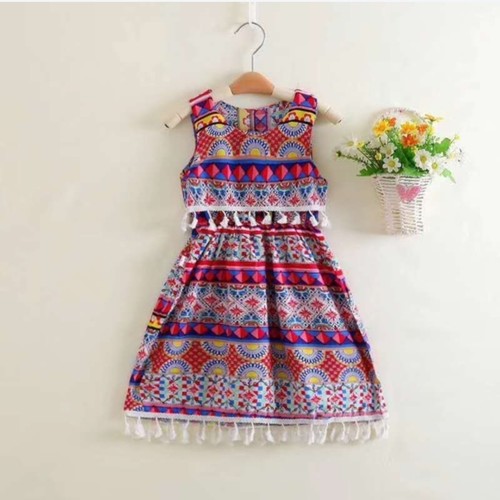 GIRL'S BOHEMIAN DRESS / F146A - Multi-colored dress - geometrical and floral pattern