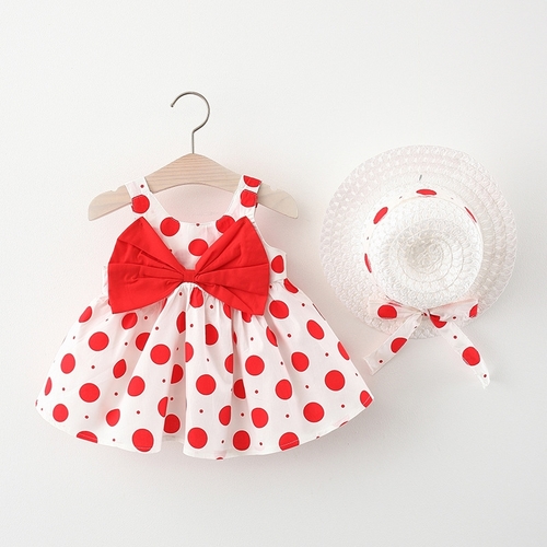 BABY GIRL DRESS WITH HAT U486I - Red Polka-dot dress with hat