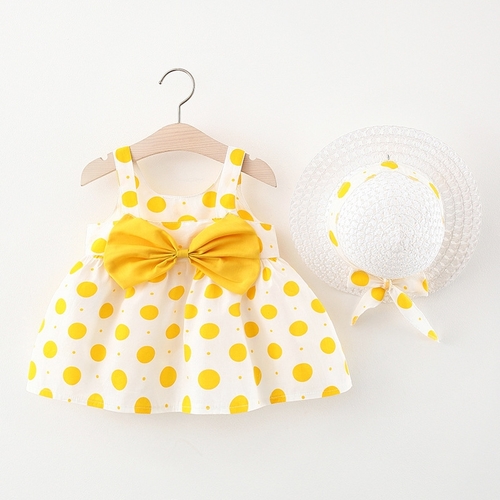BABY GIRL DRESS WITH HAT U486K - Yellow Polka-dot dress with hat