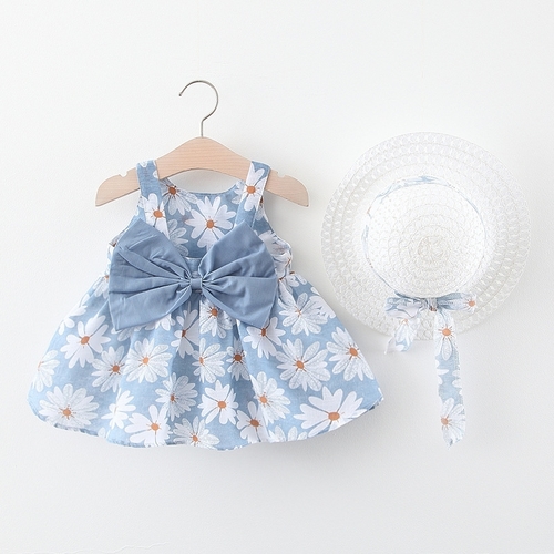 BABY GIRL DRESS WITH HAT U486O - Floral blue dress with white hat