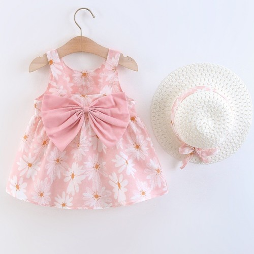BABY GIRL DRESS WITH HAT U486P - Pink floral dress with white hat