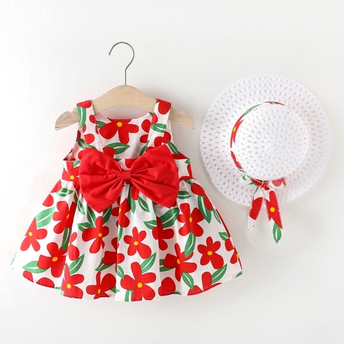 BABY GIRL DRESS WITH HAT U486Q - Red floral dress and white hat