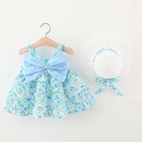 BABY GIRL DRESS WITH HAT U486V - Floral blue dress with white hat