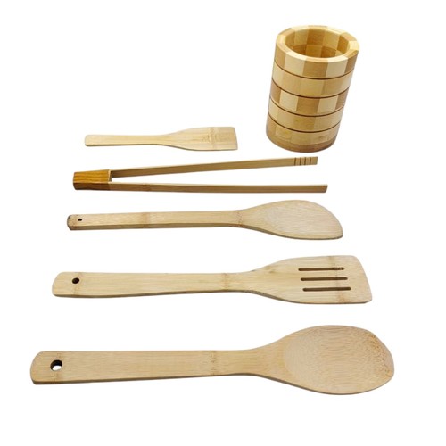 6-PIECE WOODEN KITCHEN UTENSILS SET BO390 - Wooden kitchen utensils set wit holder