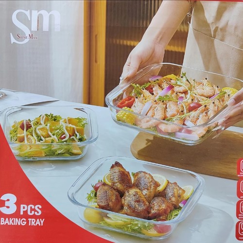 3PCS SQUARE BAKING TRAY SET BO397 - 1pc 1.8L 24.3*21.8*5.2cm 1pc 1.1L 21.5*21.5*5.0cm 1pc 0.9L 19.5*16.8*4.7cm
