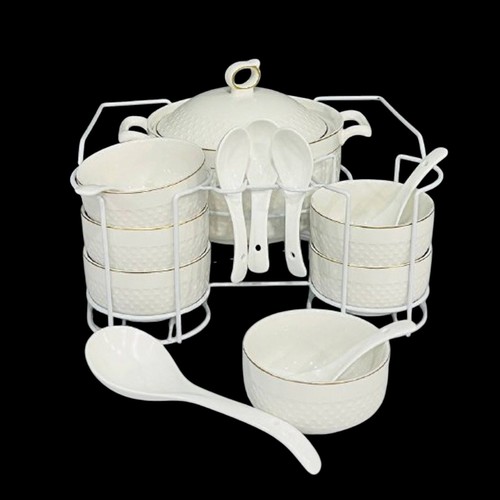 15-PIECE PORCELAIN SOUP BOWL SET BO399 - The set includes a large soup pot with a lid, six individual bowls, six spoons, and a metal stand for organized serving.
