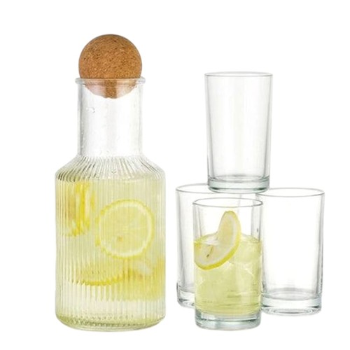 5-PIECE GLASS JUICE JAR SET BO401 - Set includes:1pc glass bottle 10cmx22cmH 1000ml 4pcs glass cup 220ml