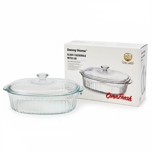 2.8L DANNY HOME BOROSILICATE GLASS CASE ROLE WITH LID BO403 - OVAL GLASS CASSEROLE WITH LID 310X215X78MM -20°C-400°C