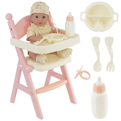 BABY DOLL WITH HIGH CHAIR & FEEDING ACCESSORIES W6901A - Also known as baby imitation toyRealistic voice Pure cotton Washable fabricProduct size:29x29x49cm