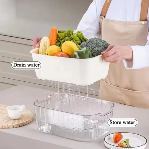 KITCHEN MULTI-PURPOSE RECTANGULAR DOUBLE-LAYERED PLASTIC PP+PET DISH WASHING DRAINAGE BASKET BO620 - Fruits and vegetables storage basket