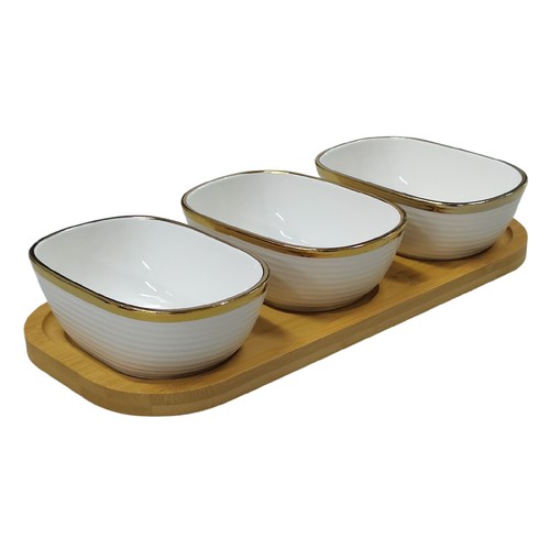SET OF THREE CERAMIC SERVING BOWLS WITH BAMBOO TRAY BO690 - 3pcs bowl x15.5x10.3x5.2cm 1pc bomboo try x 35.7x16x1.5cm