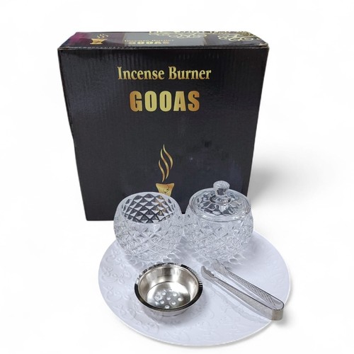 GOOAS INCENSE BURNER SET BO698 - Two cut-glass container One Metal tray 1 small tong