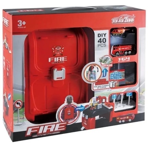 SIX-SIX-ZERO FIRE GARAGE BACKPACK VA226859 - 40-PIECE DIY FIRE STATION PLAYSET THAT FOLDS INTO A BACKPACK. INCLUDES DIE-CAST ALLOY FIRE VEHICLES AND A PLAY MAT SUITABLE FOR CHILDREN AGES 3 AND UP.