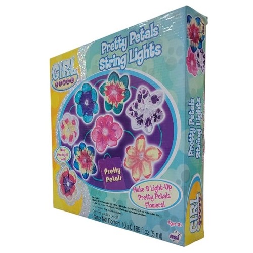 PRETTY PETALS STRING LIGHTS 70056 - Set includes: 48 inches(121cm) string lights with 8 bulbs, 1 battery box, 5 x 108 inches(274cm) white coated wire, 2 suction cups, 10 cups of transparent paints, 1 paintbrush, and detailed instructions. 3
