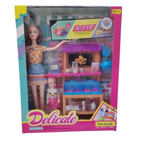 DELICATE SUPERMARKET PLAY SET VS1537 - Set components: includes a fashion doll, a small child doll, a supermarket checkout stand with cash resister, a food display stand, and various grocery accessories. Suitable for children ages 3 and up.