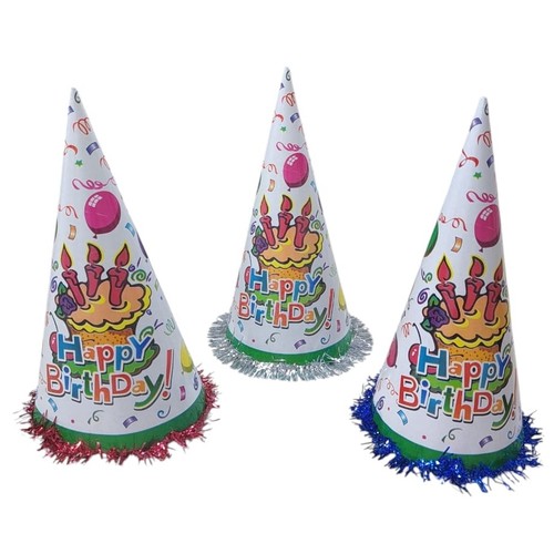 BIRTHDAY CONE PARTY HAT EM02 - Made from lightweight printed cardboard with elastic chin strap and colored tinsel fringe at the base.&nbsp; 33.5x17cm