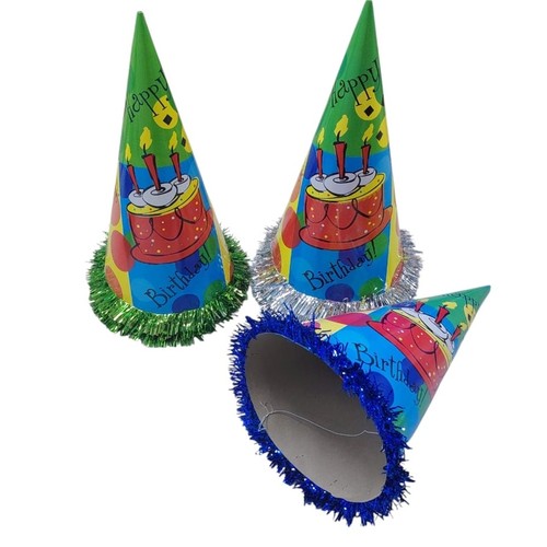 BIRTHDAY CONE PARTY HAT EM03 - Made from lightweight printed cardboard with elastic chin strap and colored tinsel fringe at the base.&nbsp; 33.5x17cm