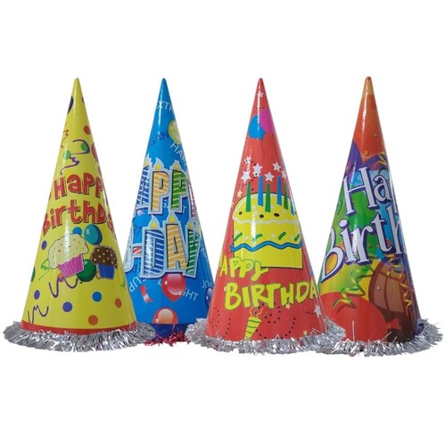 BIRTHDAY CONE PARTY HAT 33.5CM - Made from lightweight printed cardboard with elastic chin strap and colored tinsel fringe at the base.&nbsp; 33.5x17cm