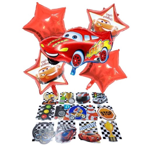 CARS DECORATION BANNER AND FOIL BALLOON SET TZ-K6008 - Including:2pcs star shape 18inch 2pcs printed balloon 18inch 1pc shape balloon 26inch 1set decorative banner*balloon clip and sticks not included