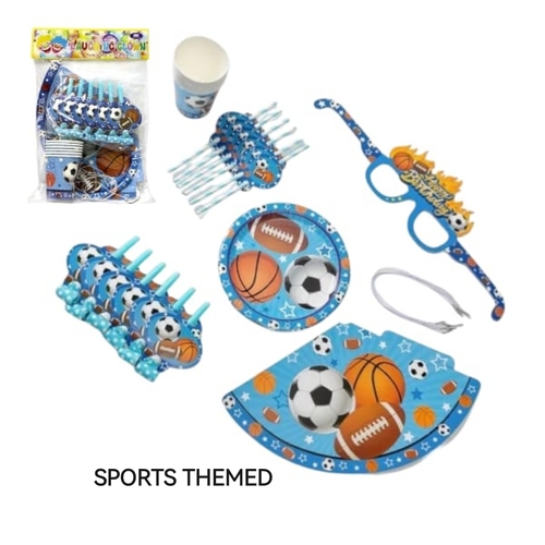 BIRTHDAY PARTY SET EM018 - •Material : Paper •Included components :Paper Plates 6 Pieces, Party Cap 6 Pieces, Party Paper Cup 6 Pieces, Party Whistle 6 Pieces, Party Straw 6 Pieces, Party Eye Glasses 6 Pieces