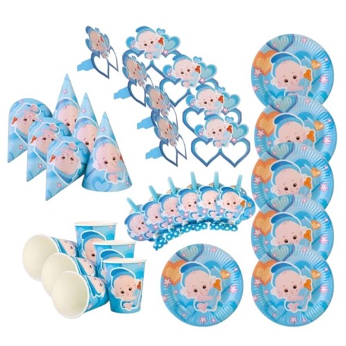 BABY BOY-THEMED PARTY SET EM020 - •Material : Paper •Included components :Paper Plates 6 Pieces, Party Cap 6 Pieces, Party Paper Cup 6 Pieces, Party Whistle 6 Pieces, Party Eyes Glasses 6 Pieces