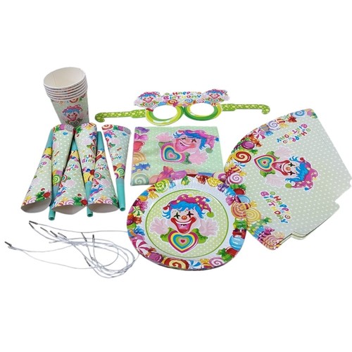 CANDY-THEMED PARTY SET EM021 - •Material : Paper •Included components :Paper Plates 6 Pieces, Party Cap 6 Pieces, Party Paper Cup 6 Pieces, Party Whistle 6 Pieces, Party Eyes Glasses 6 Pieces, Table Napkin 6 Pieces