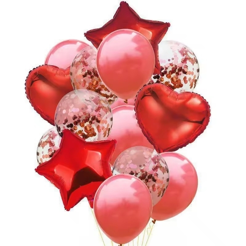 14-PIECE PARTY BALLOON SET EM022 - Including: confetti-filled latex balloons, heart-shaped foil balloons, and star-shaped foil balloons. Fills with air or helium(not included)