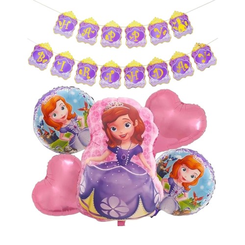 SOFIA THE FIRST DECORATION BANNER AND FOIL BALLOON SET TZ-K6052 - Including:2pcs heart shape 18inch&nbsp; 2pcs printed balloon 18inch&nbsp; 1pc shape balloon 26inch&nbsp; 1set decorative banner&nbsp;*balloon clip and sticks not included