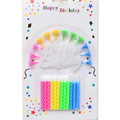 HAPPY BIRTHDAY MINI CANDLES SET EM023 - Content: the pack includes 12 spiral mini candles and 12 matching holders, plus a plastic 