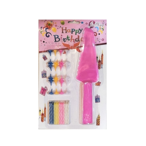 CAKE CANDLE AND CAKE SLICER SET EM024 - Components: contains colorful birthday candles, candle holders, and a plastic cake slicer.
