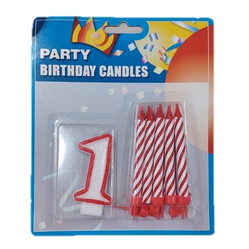 PARTY BIRTHDAY CANDLES EM026 - Number candle and matching striped candles.