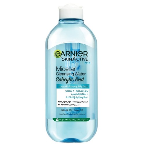 400ML Garnier Skin Active Miceller Cleansing Water with Salicylic Acid - Garnier Skin Active Miceller Cleansing Water with Salicylic Acid for acne-prone skin. Removes makeup + cleanses + anti-pimples and anti-dark spots.&nbsp; For face, eyes, lips