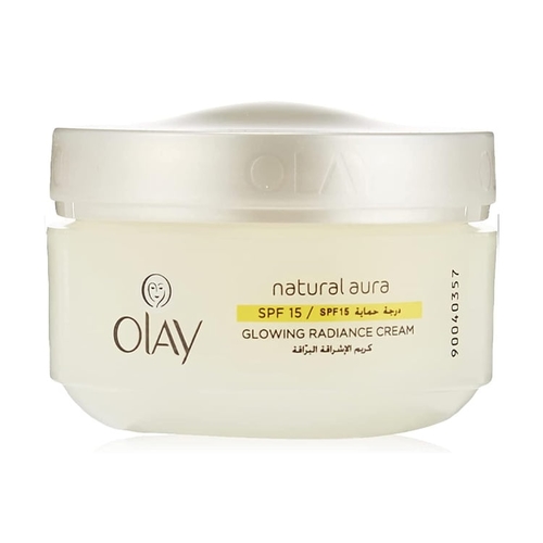 100g Olay Natural White Glowing Radiance SPF 15 Day Cream - Olay Natural Aura Glowing Radiance Day Cream, a moisturizer enriched with mulberry extract and vitamins B3, Pro-B5, and E to brighten skin and provide SPF 15 protection.