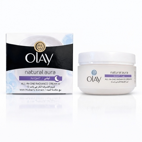 50g Olay Natural Aura All-In-One Radiance Night Cream - Brightening: Uses Niacinamide (Vitamin B3) and Mulberry Extract to even out skin tone and enhance natural radiance.Hydration: Provides deep moisture with a blend of Vitamins B3, Pro-B5, and E to keep skin soft and smooth.