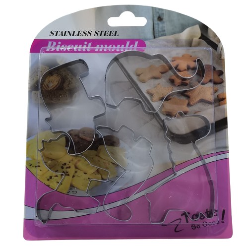 STAINLESS STEEL BISCUIT MOULD SET BO894 - STAINLESS STEEL BISCUIT MOULD SET - which includes uniquely shaped cartoon animal molds suitable for creating fun cookie designs.