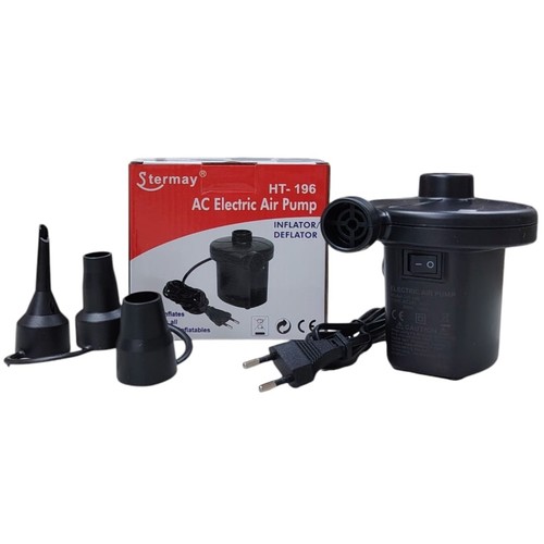 STERMAY HT-196 ELECTRIC AIR PUMP BO957 - Function : Dual-purpose inflator and deflator. Power: AC powered, 230V/50Hz Color: black Accessories : includes three interconnecting nozzle attachments to fit different valve sizes.
