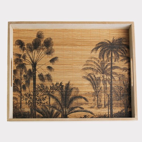 BAMBOO DECORATIVE TRAY 40X30X5CM BO980 - Printed tropic palm tree design on ribbed bamboo surface.