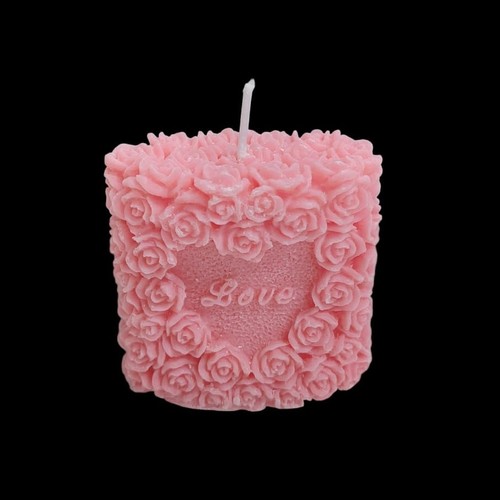 DECORATIVE PINK SCENTED CANDLE BO996 - Rose-covered candle with heart-shape designed and love embossed inside.
