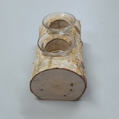 BIRCH LOG CANDLE HOLDER 9X16CM BO1045 - Material : real birch wood with glass inserts. Design: rustic log design, suitable for wedding centerpiece or home decor.