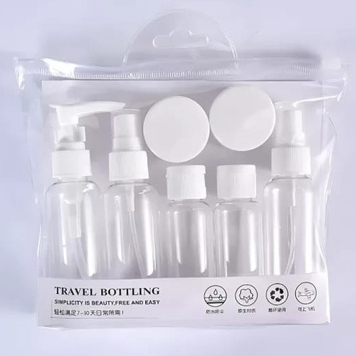 TRAVEL BOTTLING SET BO1059 - Components : contains various containers including pump bottles, spray bottles, and small jars for lotions, creams, and liquids.